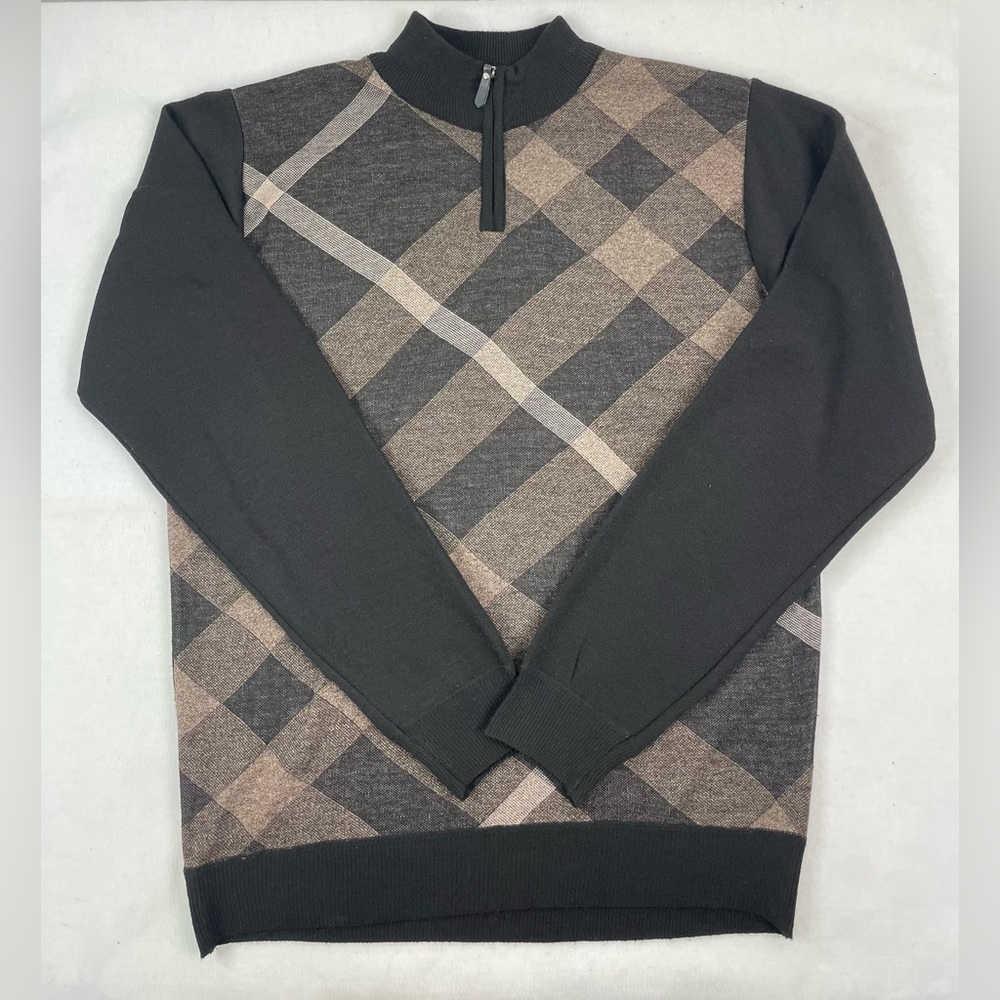 Mens Size Large Crew Neck Zip Brown And Black Plaid Design Dress Sweater